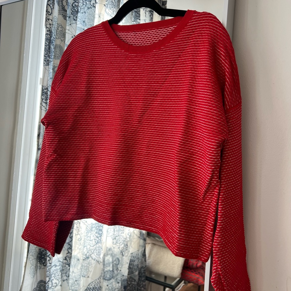 Theory Red and White Crewneck Boxy Sweater